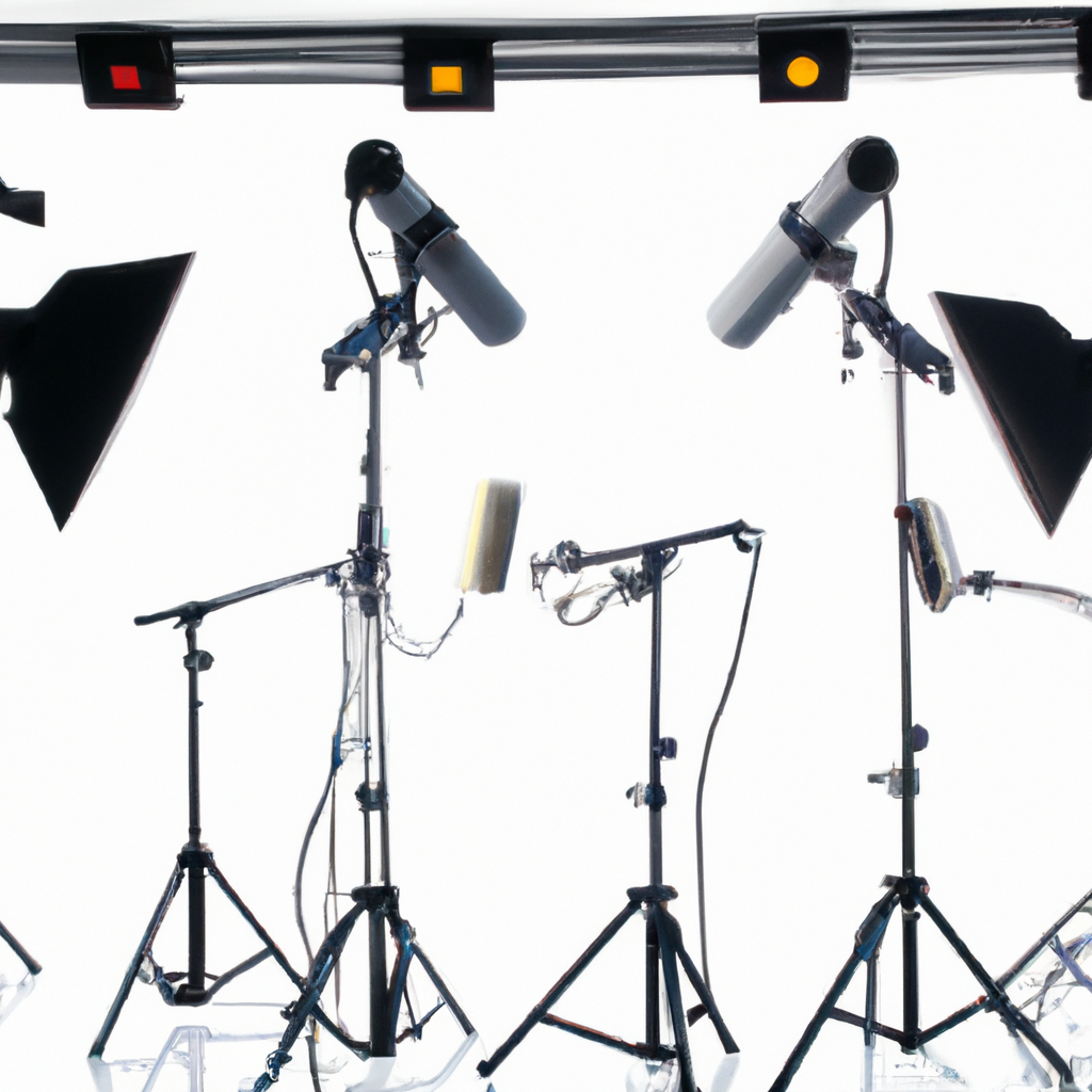 Minimalist broadcast studio set with white desk and soft key light